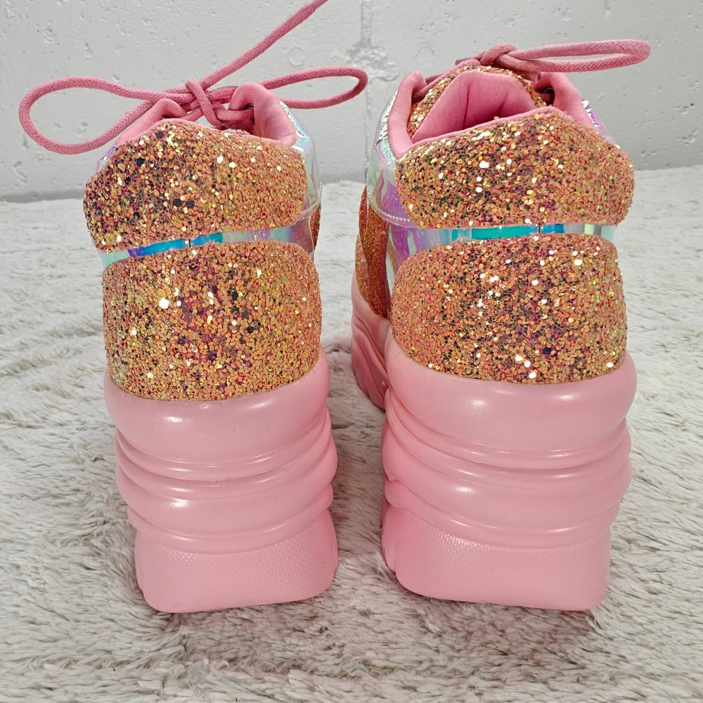 YRU Pink Holographic Glitter Chunky Platform Sneaker Shoe Sz7 Rave Festival Punk - Picture 3 of 10